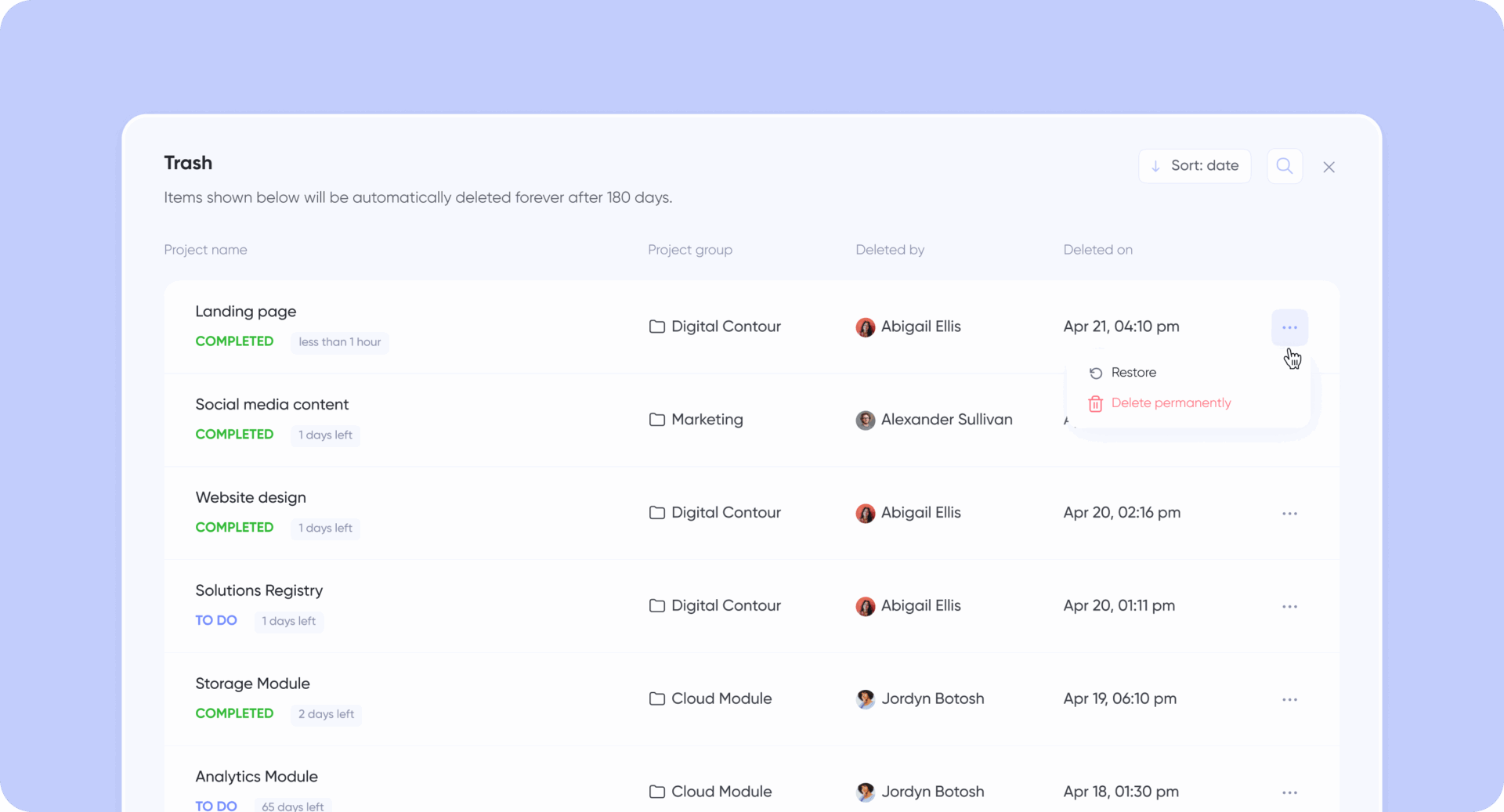 Exclusão de Projeto e Lixeira